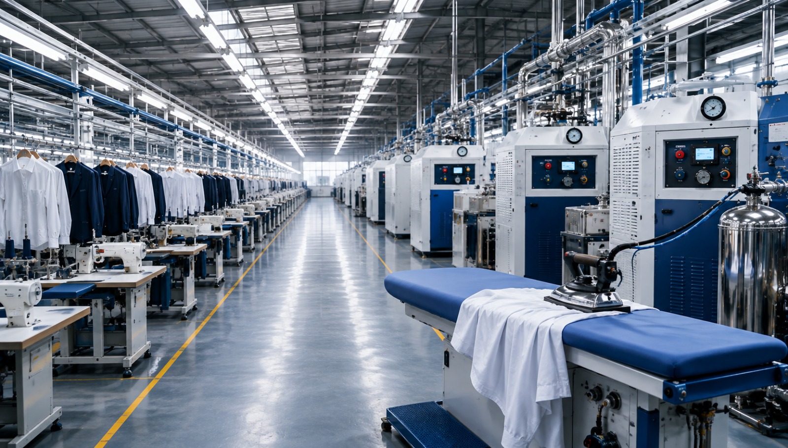 Modern garment finishing factory floor with industrial vacuum ironing tables